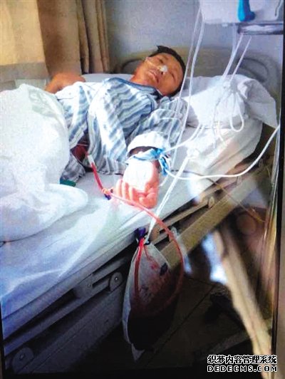 北京306醫(yī)院，于尚清躺在病床上，身上插滿管子，靠呼吸機(jī)、血泵等維持生命。家屬供圖